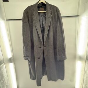 Vintage Wool Overcoat Big & Tall 3XL 54" Chest Herringbone Long Gray Men Topcoat